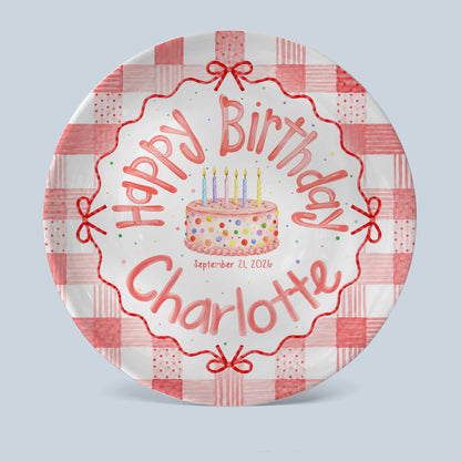 Pink Gingham Bow Birthday Keepsake Personalized Birthday Plate for Girls P627UVB0