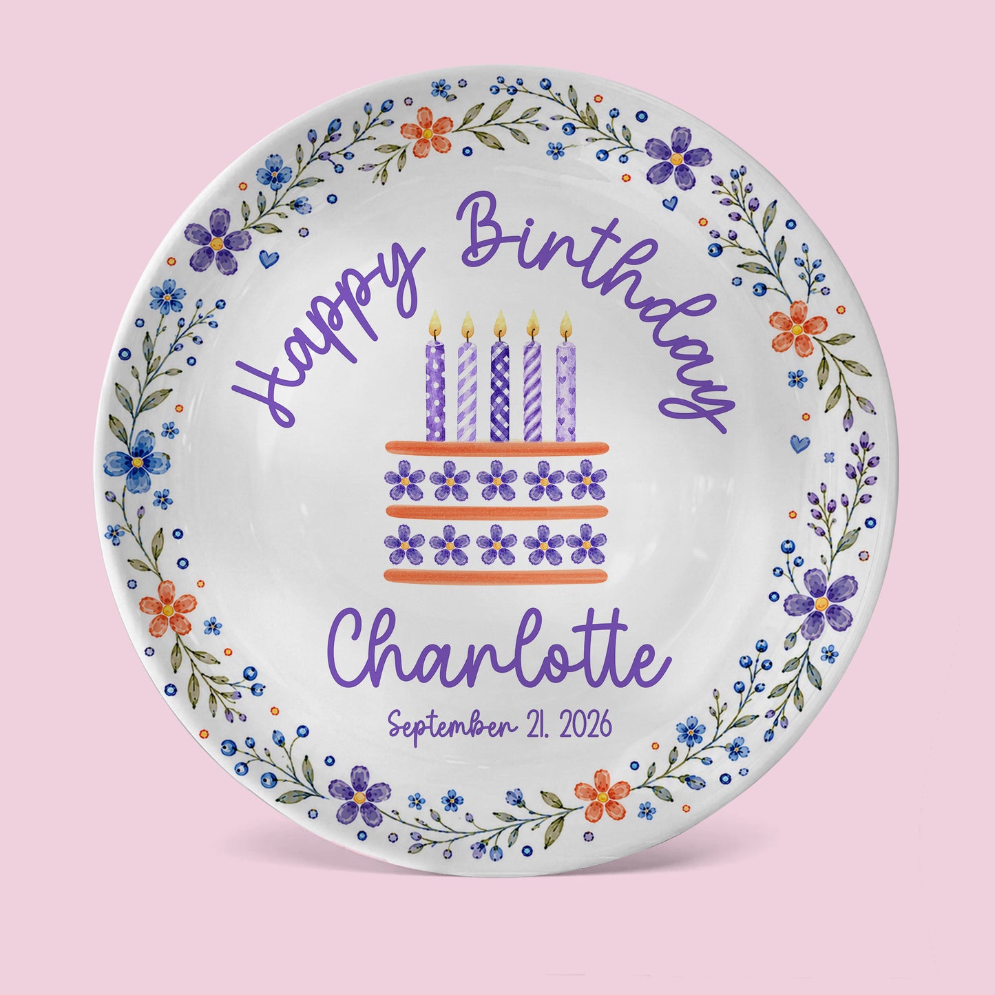 Purple Floral Personalized Birthday Plate for Girls, Custom Birthday Keepsake Gift P723G7E0