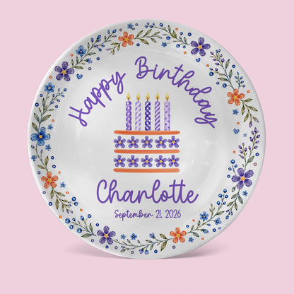 Purple Floral Personalized Birthday Plate for Girls, Custom Birthday Keepsake Gift P723G7E0