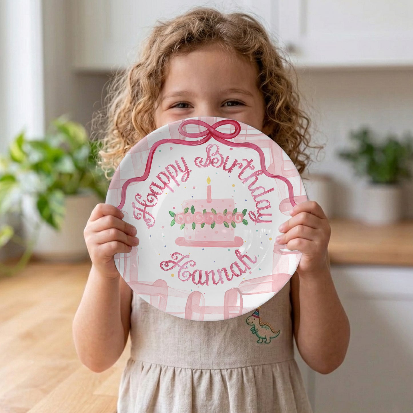 Pink Bow and Floral Cake Personalized Birthday Plate P9309RT0