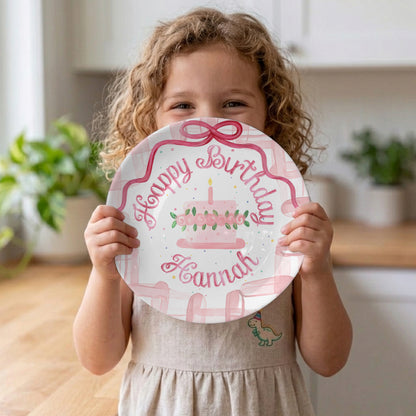 Pink Bow and Floral Cake Personalized Birthday Plate P9309RT0