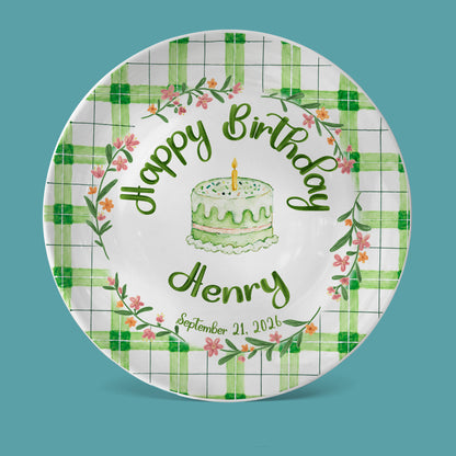 Green Gingham Daisy Birthday Keepsake Personalized Birthday Plate P627TBG0