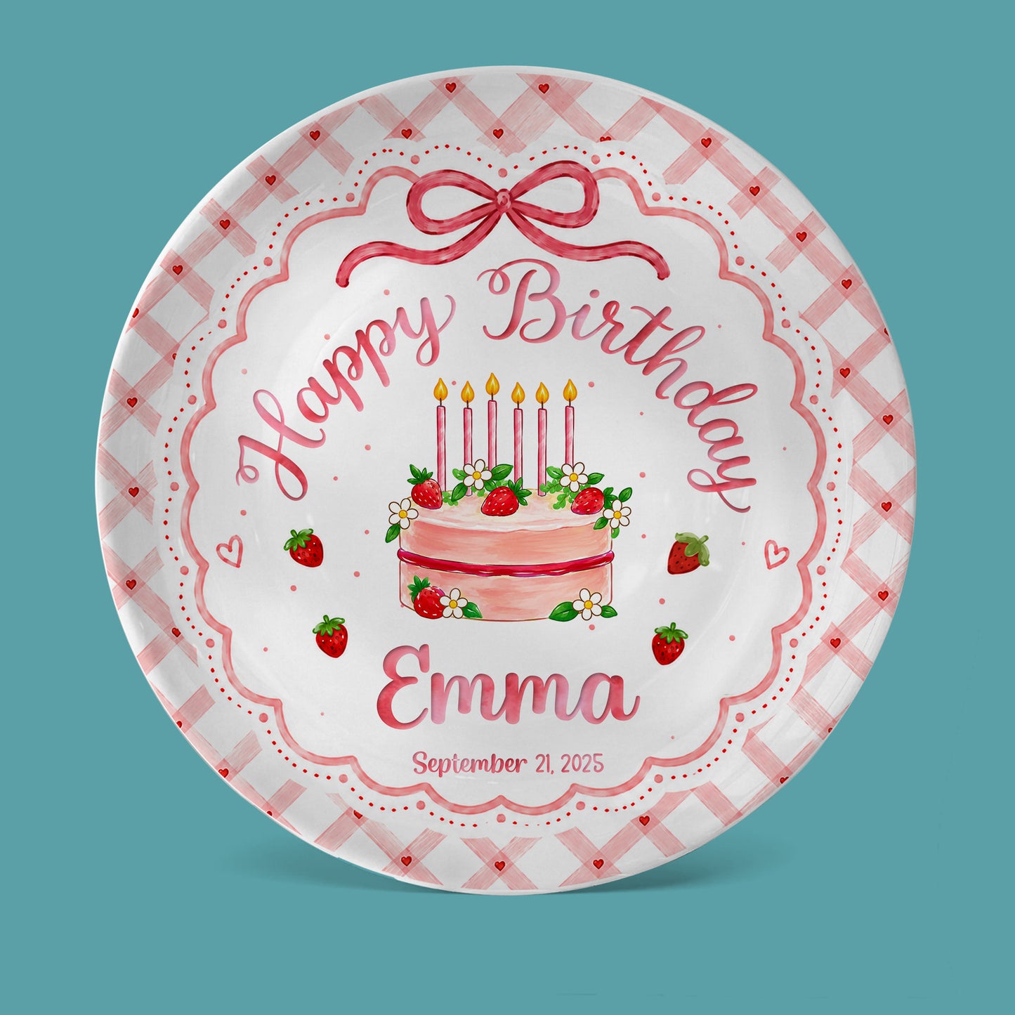 Strawberry Cake Personalized Birthday Plate for Girls, Custom Birthday Keepsake Gift P722H0R0
