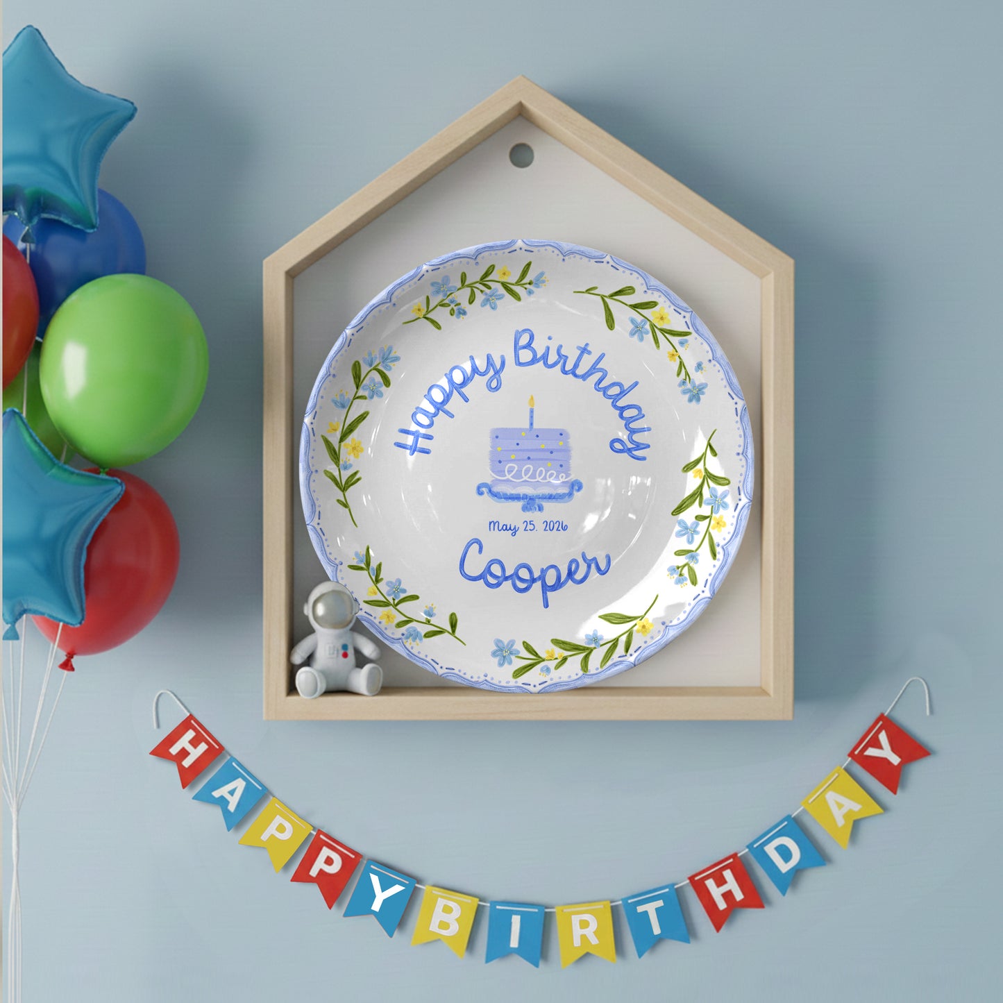 Pink and Blue Floral Plates Personalized Birthday Plate D311DZZ0