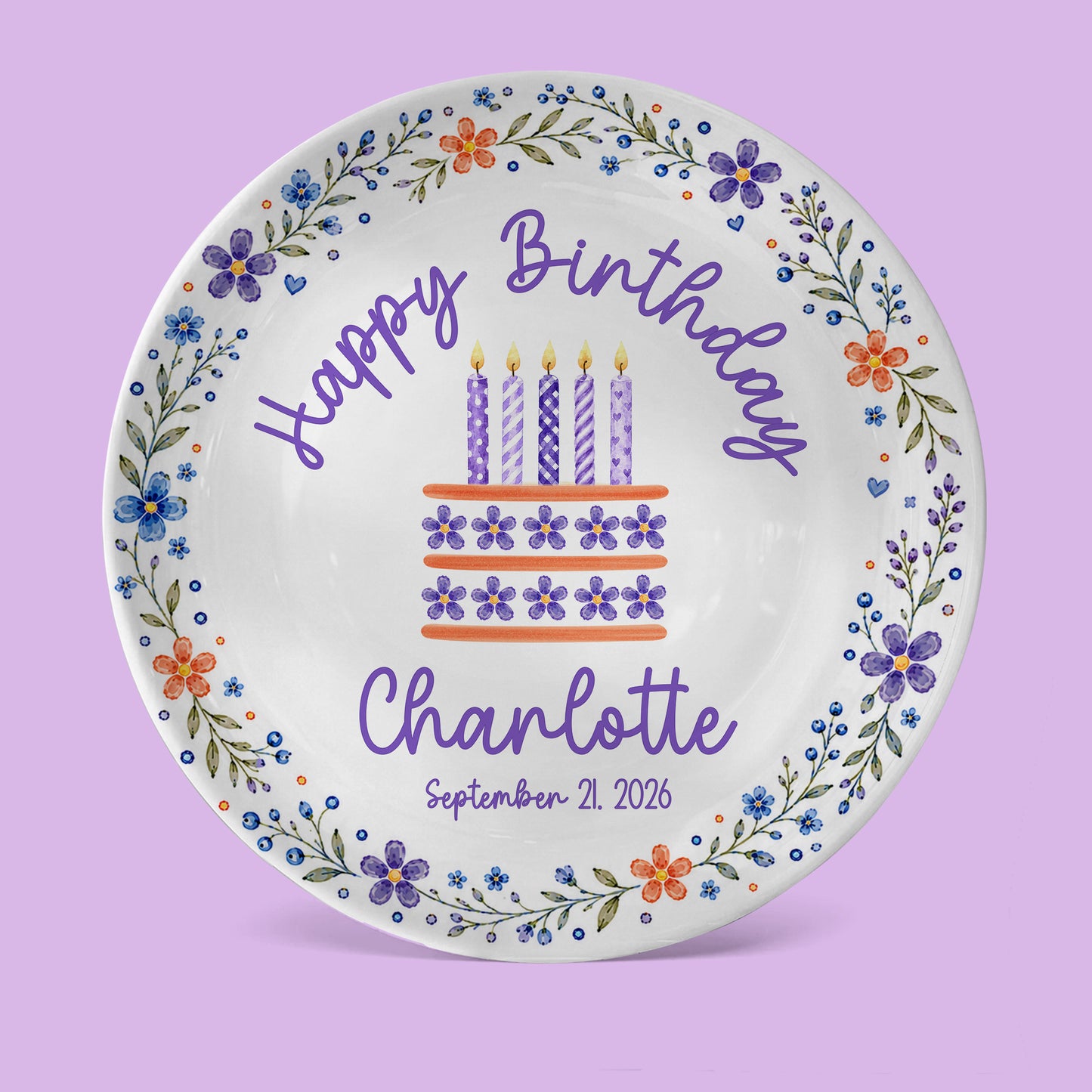 Purple Floral Personalized Birthday Plate for Girls, Custom Birthday Keepsake Gift P723G7E0