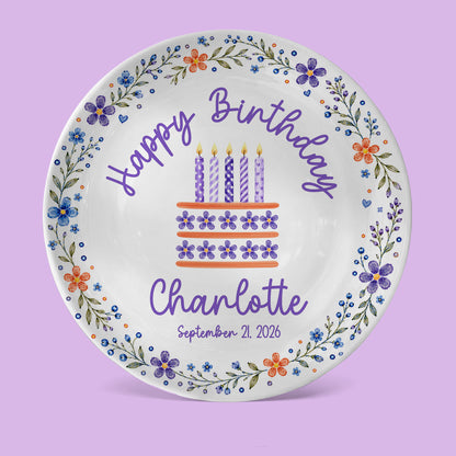 Purple Floral Personalized Birthday Plate for Girls, Custom Birthday Keepsake Gift P723G7E0