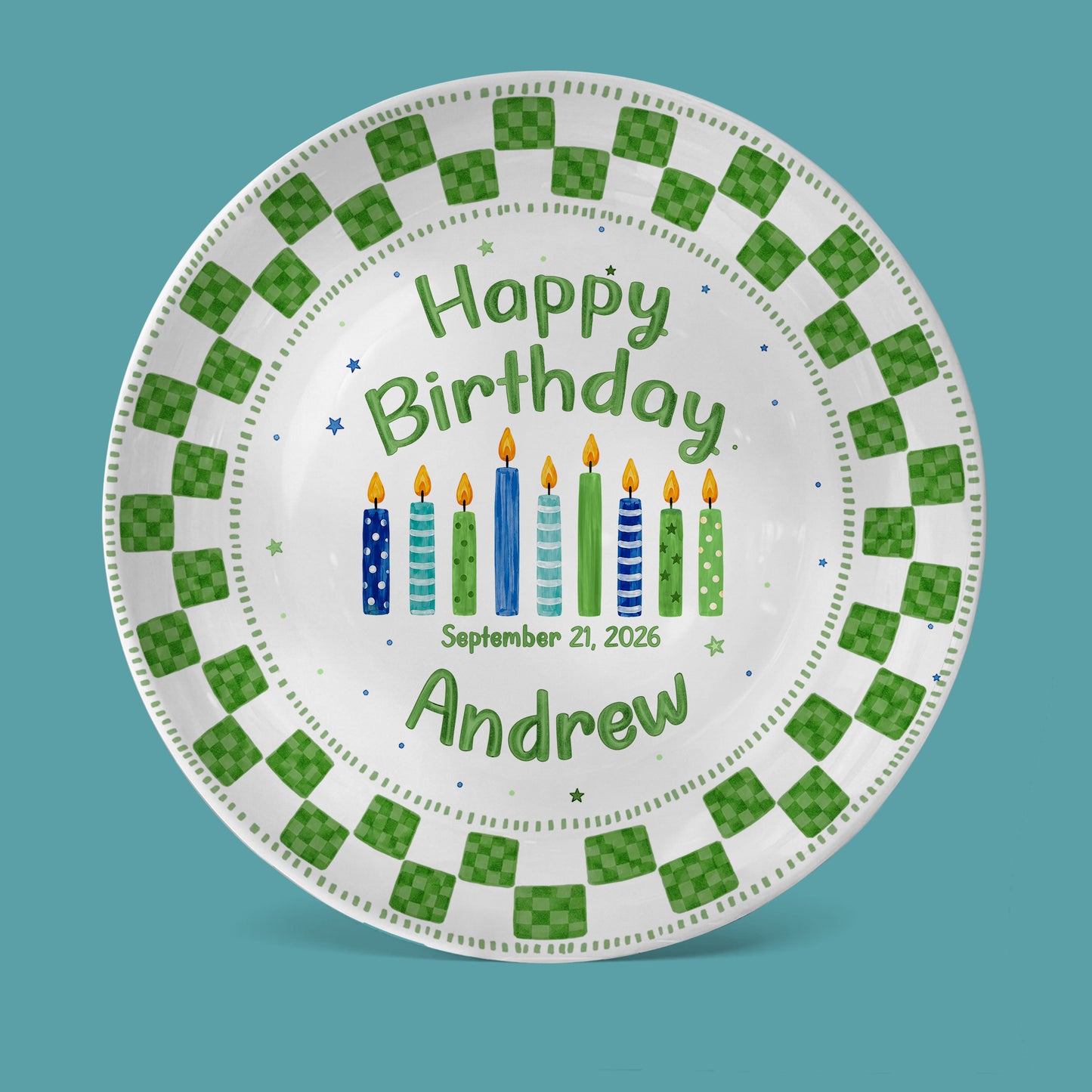 Green Checker Birthday Candles Keepsake Personalized Birthday Plate D78C8H0