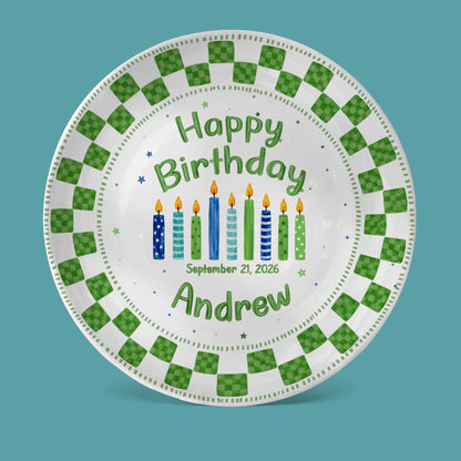 Green Checker Birthday Candles Keepsake Personalized Birthday Plate D78C8H0