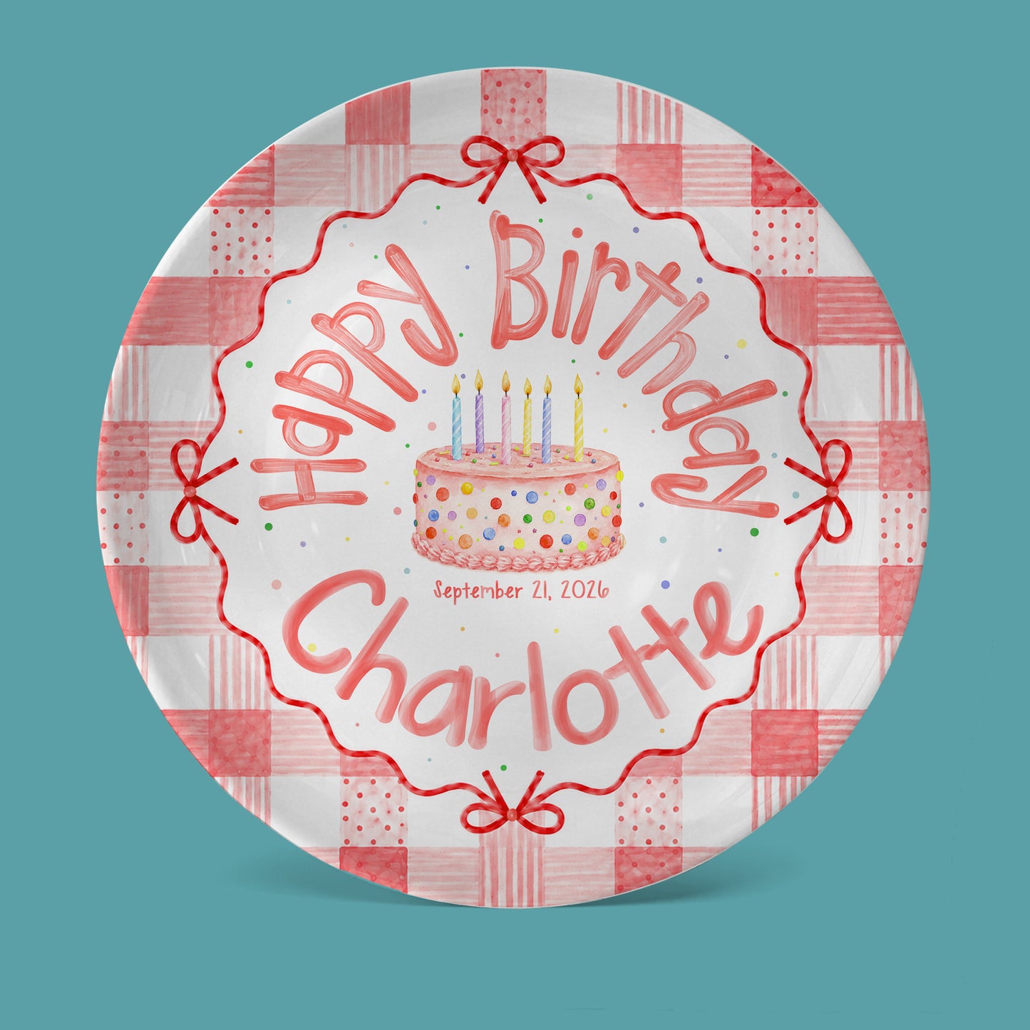 Pink Gingham Bow Birthday Keepsake Personalized Birthday Plate for Girls P627UVB0