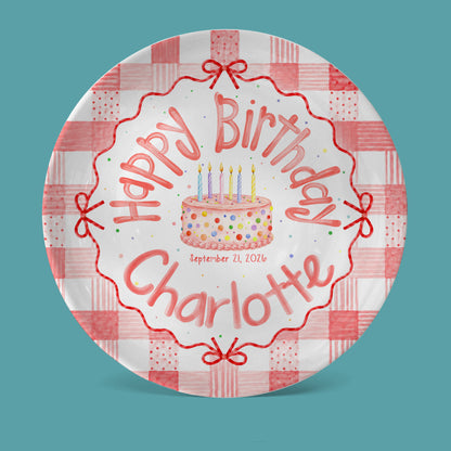 Pink Gingham Bow Birthday Keepsake Personalized Birthday Plate for Girls P627UVB0