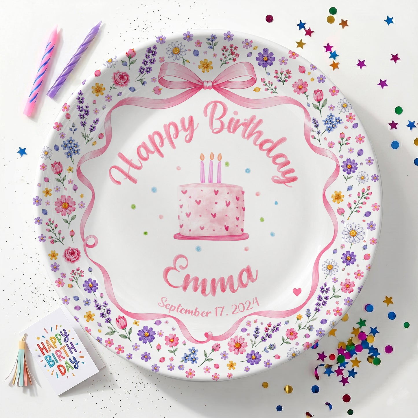 Pink Bow Floral Cake Personalized Birthday Plate P624WCW0