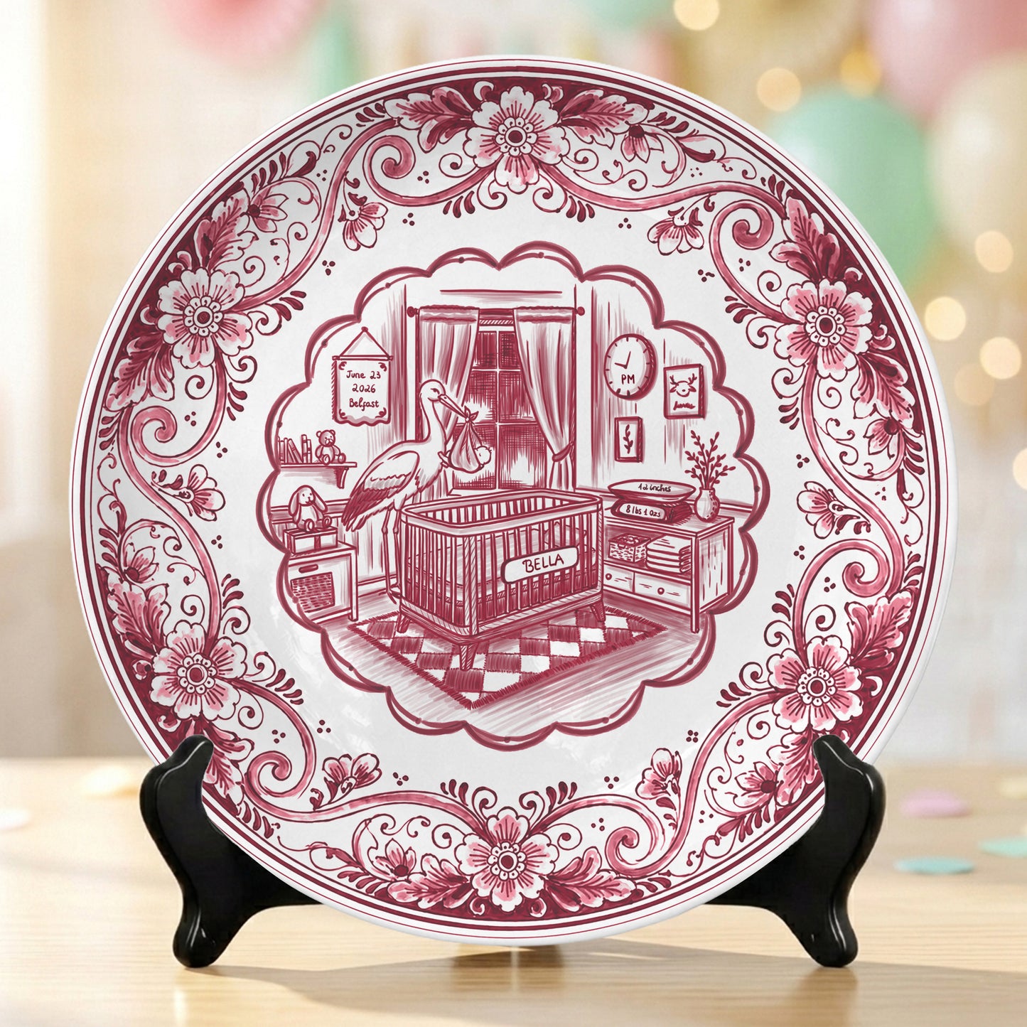 Pink Delft Newborn Birth Announcement Custom Ceramic Personalized Birthday Plate P820NIX0