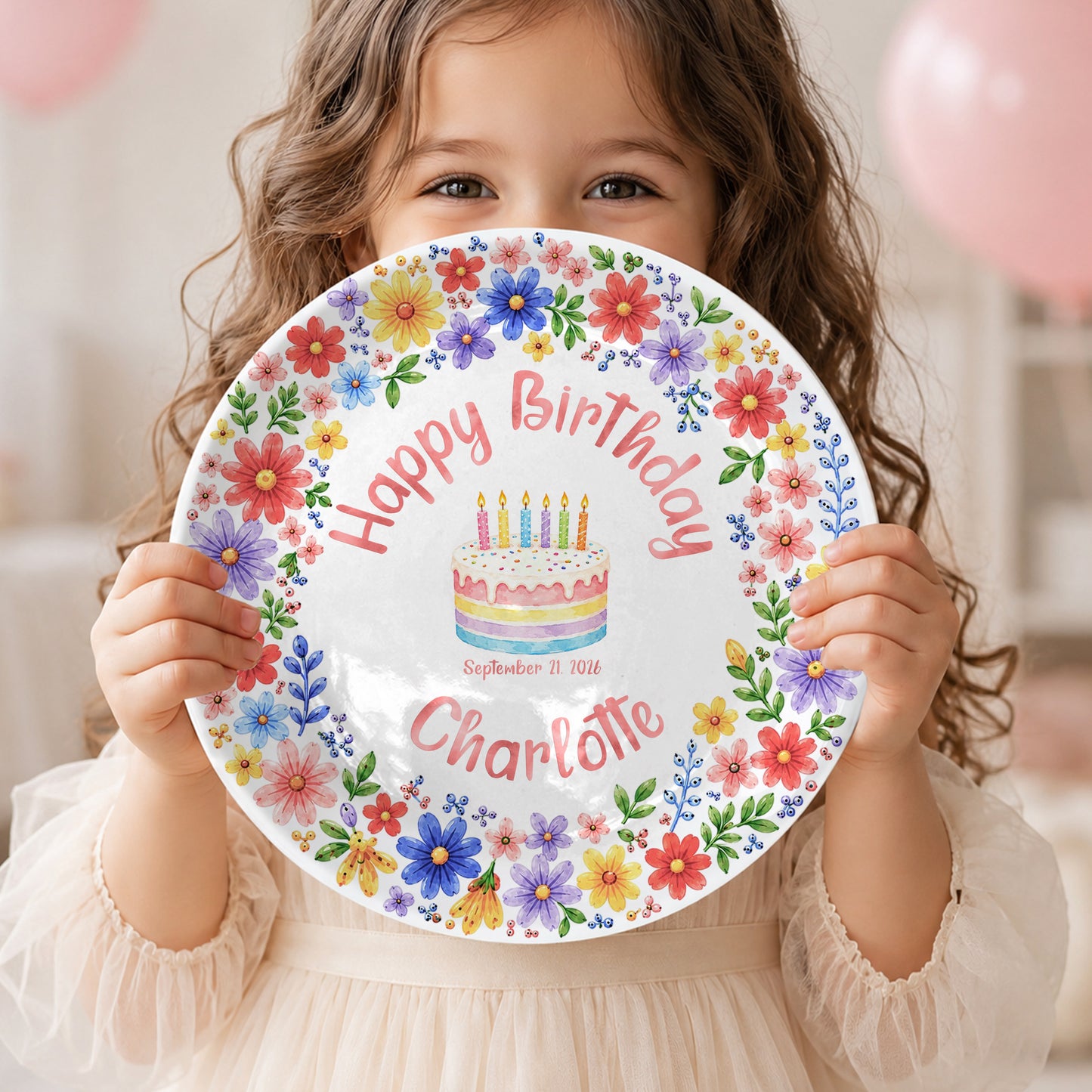 Custom Name Floral Birthday Cake Personalized Birthday Plate for Kids P619KWJ0