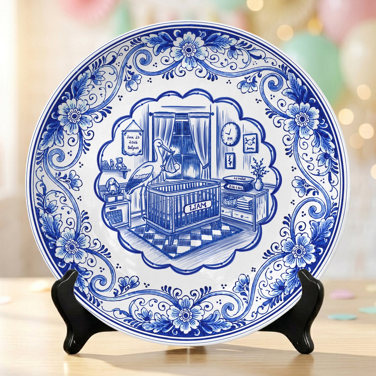 Delft Blue Newborn Birth Stats Custom Ceramic Keepsake Personalized Birthday Plate P820H8A0
