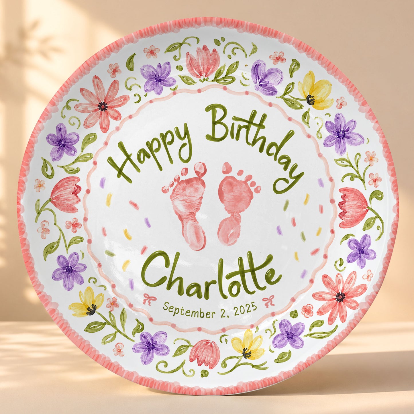 Floral Baby Footprint Personalized Birthday Plate for Girl, First Birthday Keepsake P727CV20