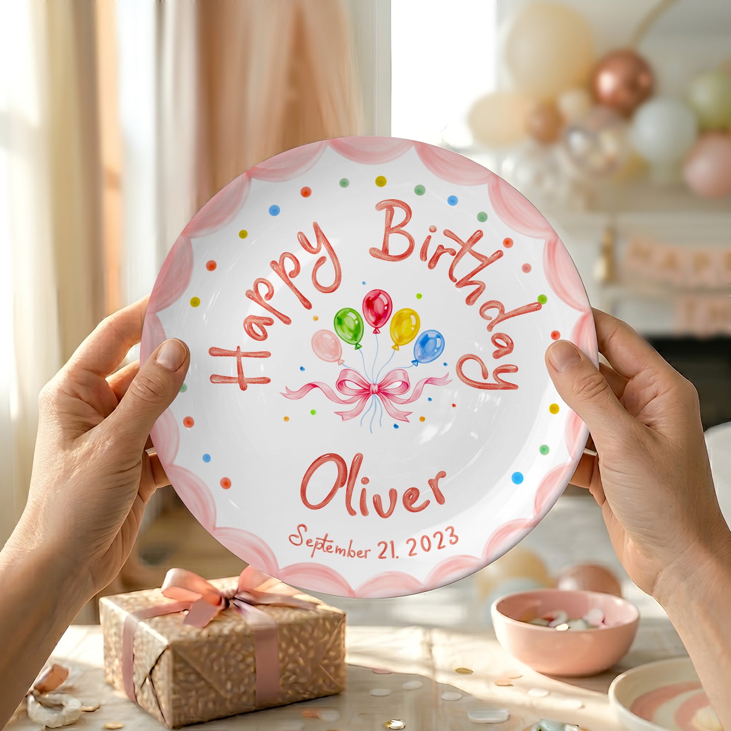 Pink Scallop Balloon Personalized Birthday Plate P410HJT0