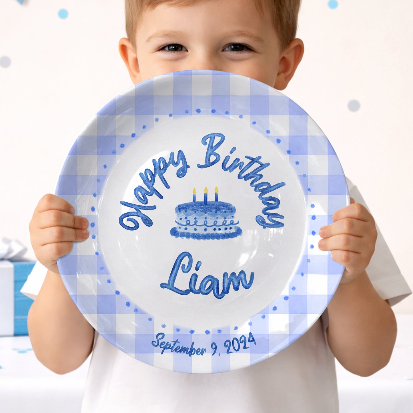 Blue Gingham Border with Blue Birthday Cake Personalized Birthday Plate P415SDU0