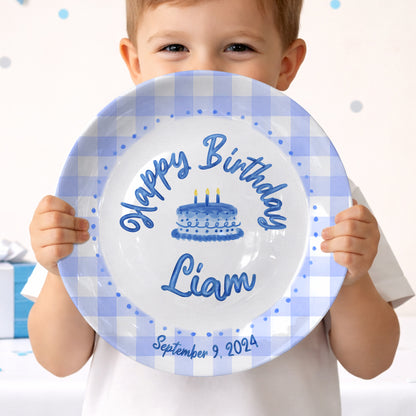 Blue Gingham Border with Blue Birthday Cake Personalized Birthday Plate P415SDU0