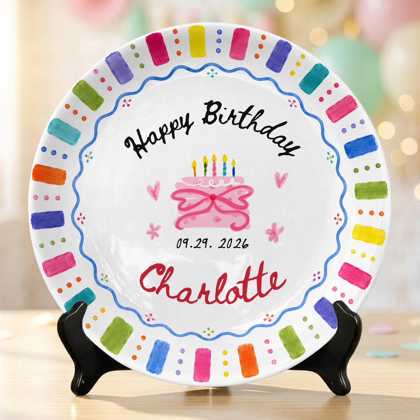 Rainbow Candles Birthday Cake Custom Name Gift Personalized Birthday Plate P814DRZ0