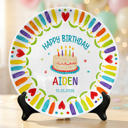 Colorful Candle Kids Birthday Keepsake Custom Name Date Personalized Birthday Plate P8140WR0