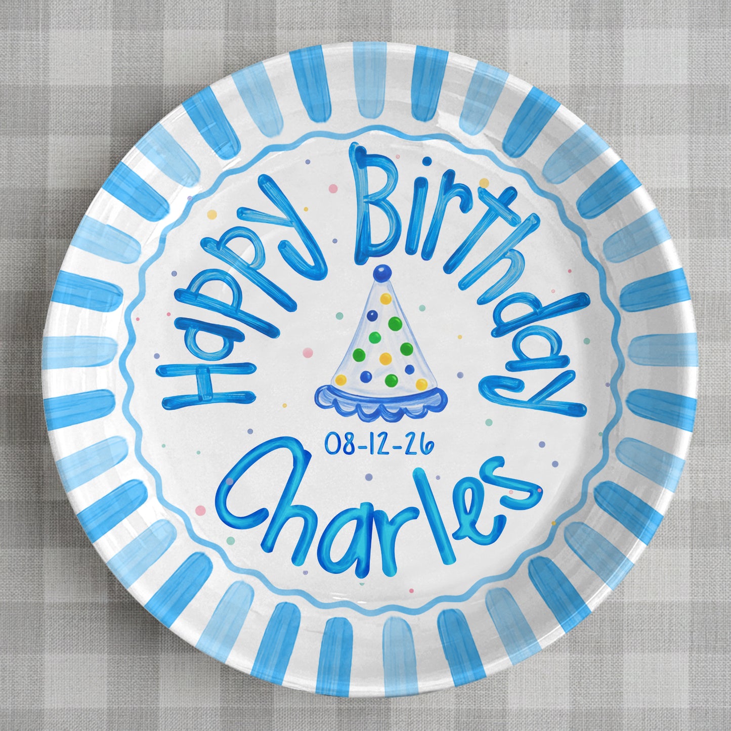 Blue Border and Confetti Party Hat Personalized Birthday Plate P314QKG0