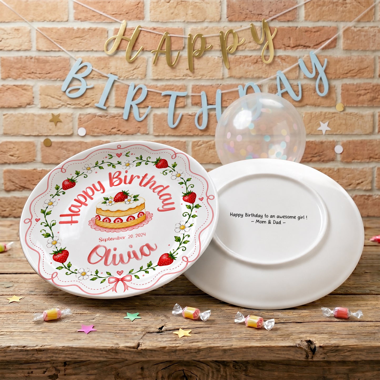 Pink Strawberry Birthday Keepsake Personalized Birthday Plate P73MUO0