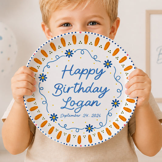 Orange Sunburst Border with Blue Flowers Personalized Birthday Plate P626HW0