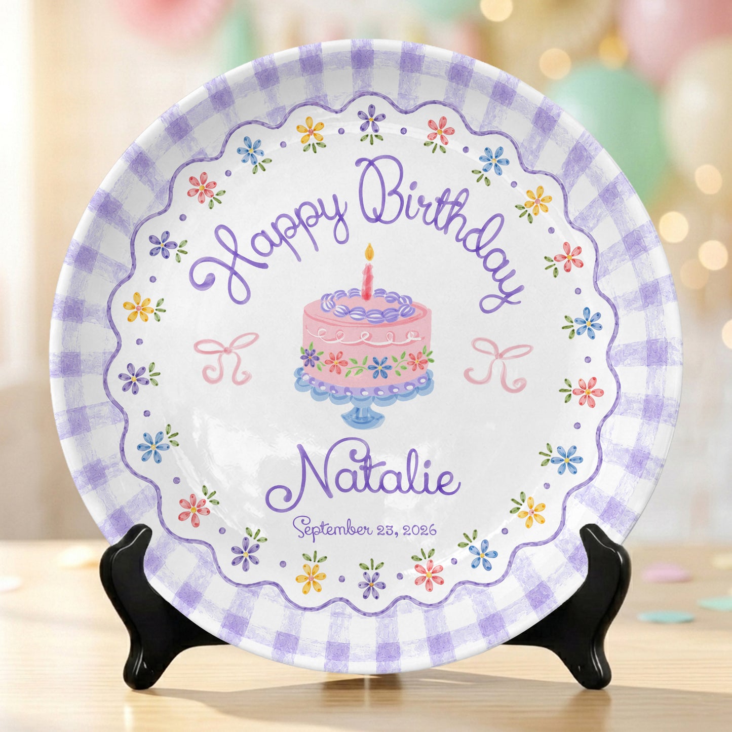 Purple Gingham Floral Birthday Cake Custom Name Keepsake Personalized Birthday Plate Gift P818DTR0