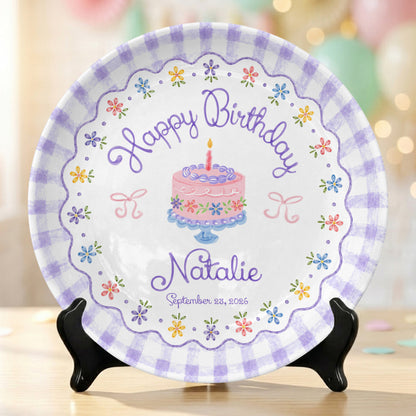 Purple Gingham Floral Birthday Cake Custom Name Keepsake Personalized Birthday Plate Gift P818DTR0