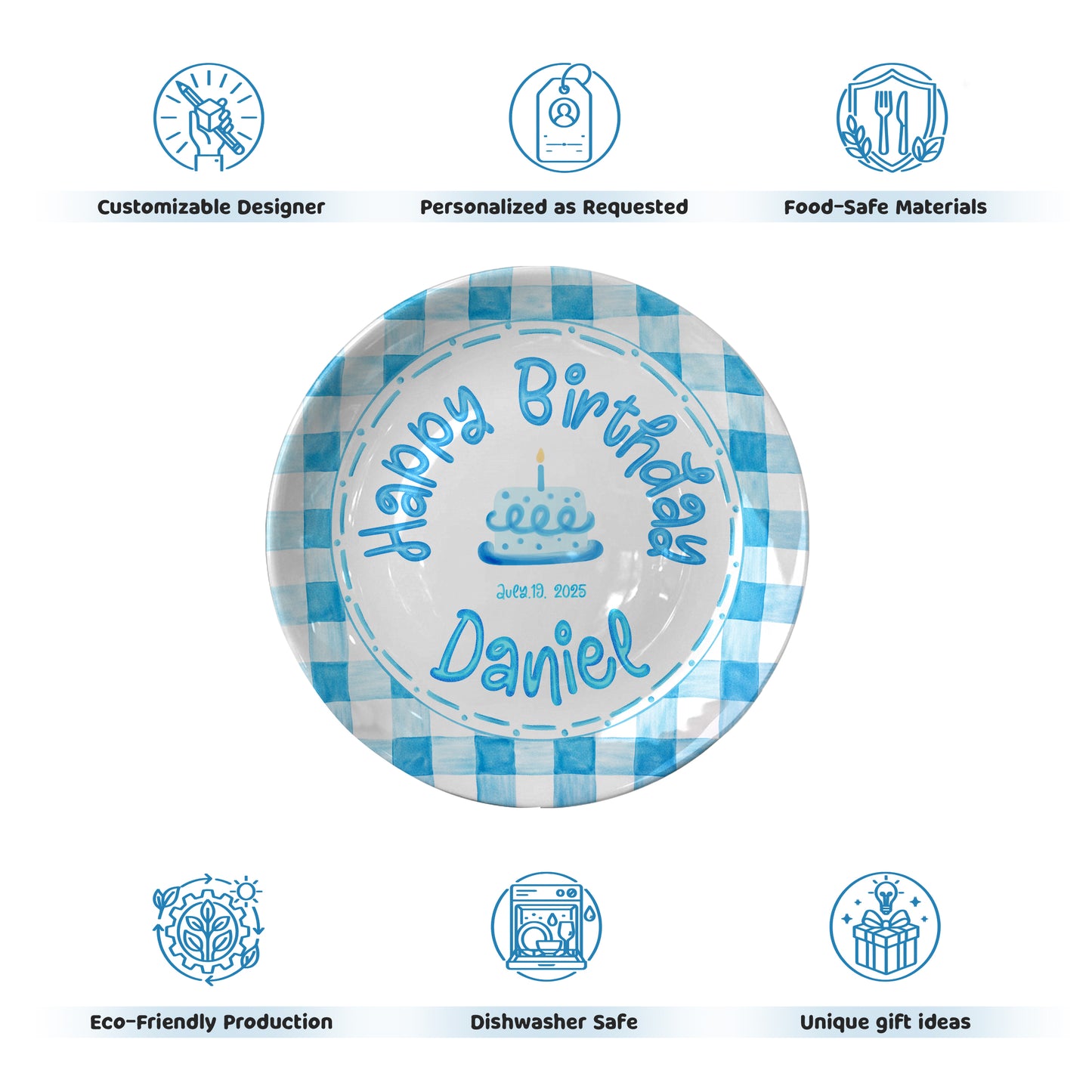 Classic Blue Gingham Personalized Birthday Plate P314ZPP0