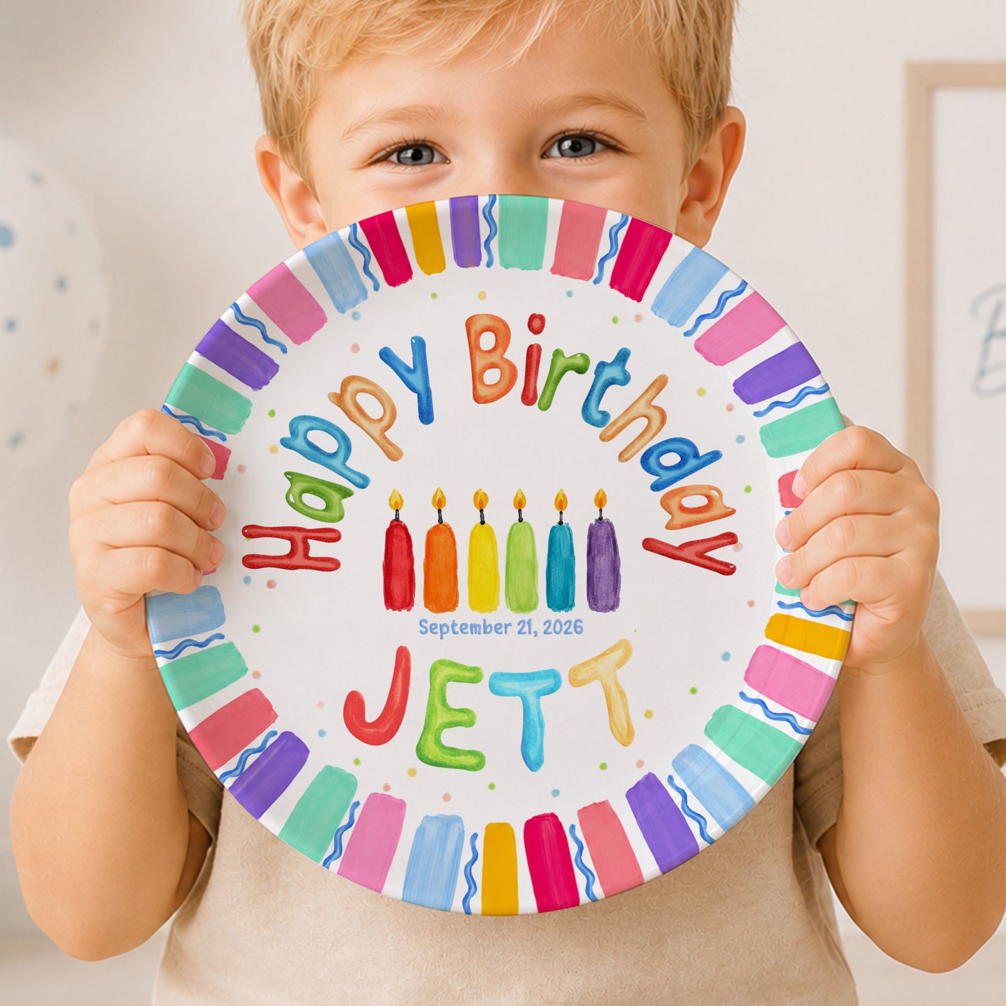 Rainbow Stripe Colorful Candle Personalized Birthday Plate D6103AG0
