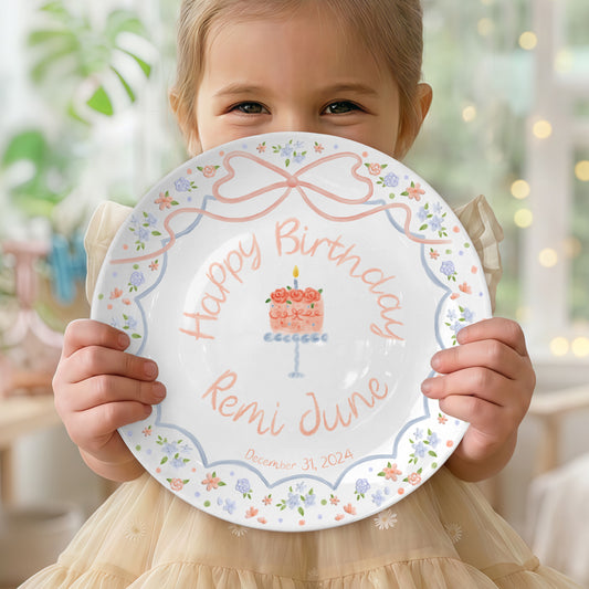 Pastel Floral Bow Cake Personalized Birthday Plate P46E040