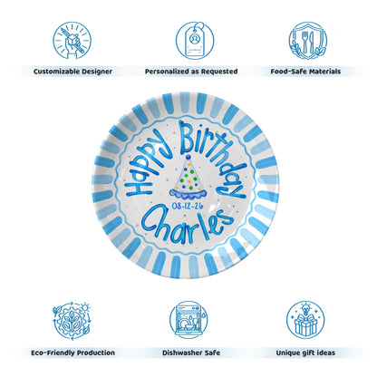 Blue Border and Confetti Party Hat Personalized Birthday Plate P314QKG0