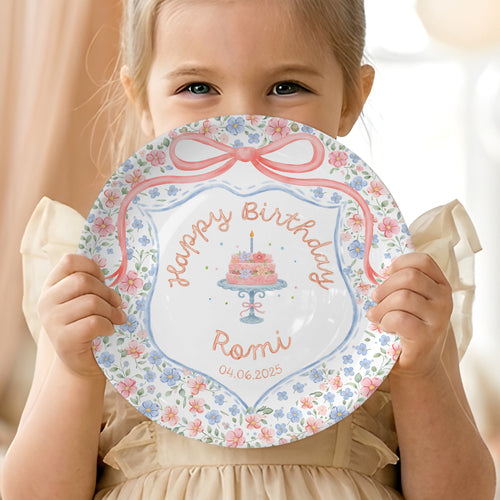 Pastel Floral Bow Cake Personalized Birthday Plate for Kids P317AIP0