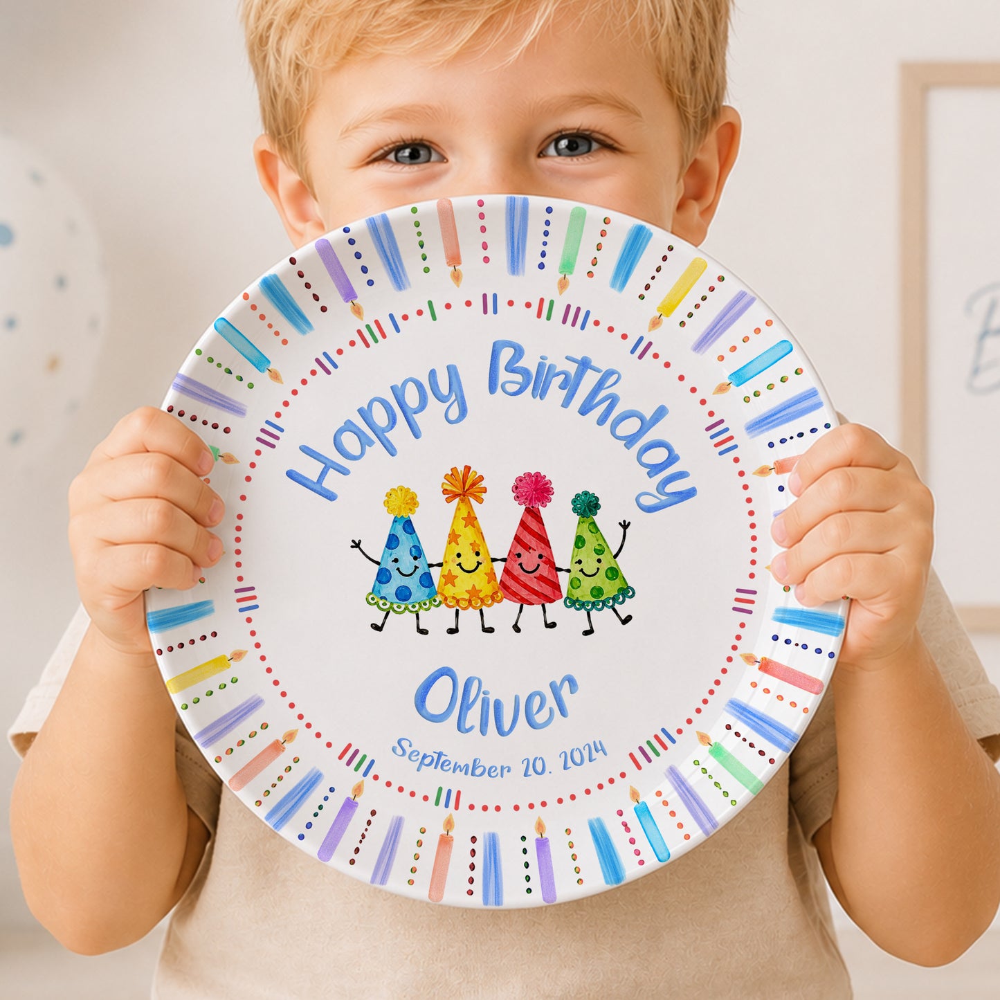 Birthday Hat Candle Border Personalized Birthday Plate P530NCK0