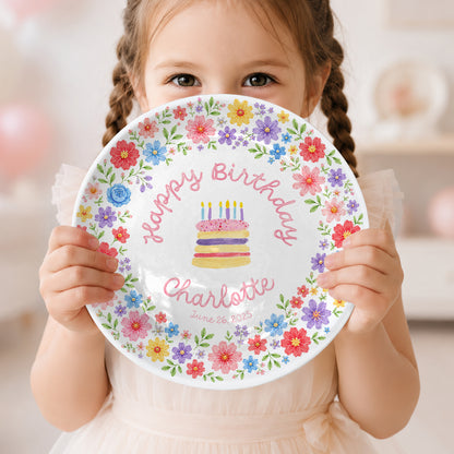 Colorful Floral Cake Personalized Birthday Plate D610EAF0