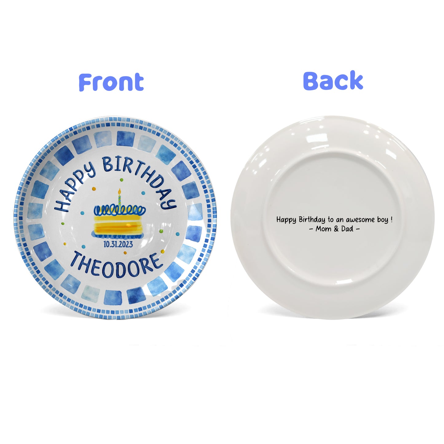 Blue Tile Border Cake Personalized Birthday Plate P228QZD0