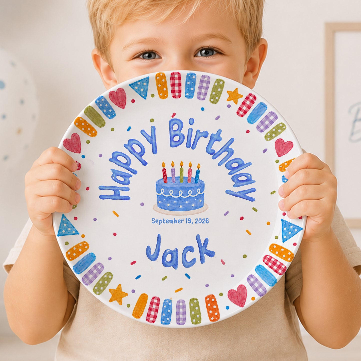 Blue Cake and Colorful Confetti Personalized Birthday Plate P6174GK0