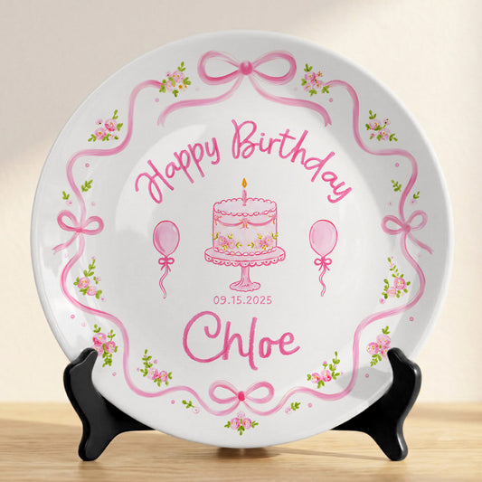 Pink Floral Bow Birthday Cake Custom Name Keepsake Personalized Birthday Plate Gift P813NCL0