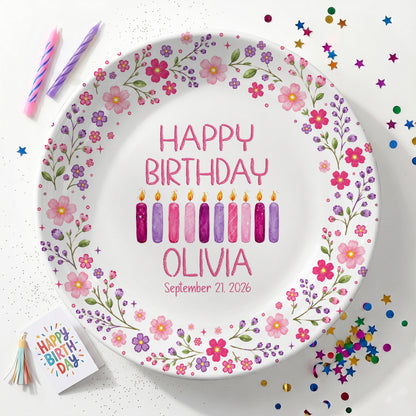 Floral Birthday Candles Personalized Birthday Plate for Girls D625JGX0