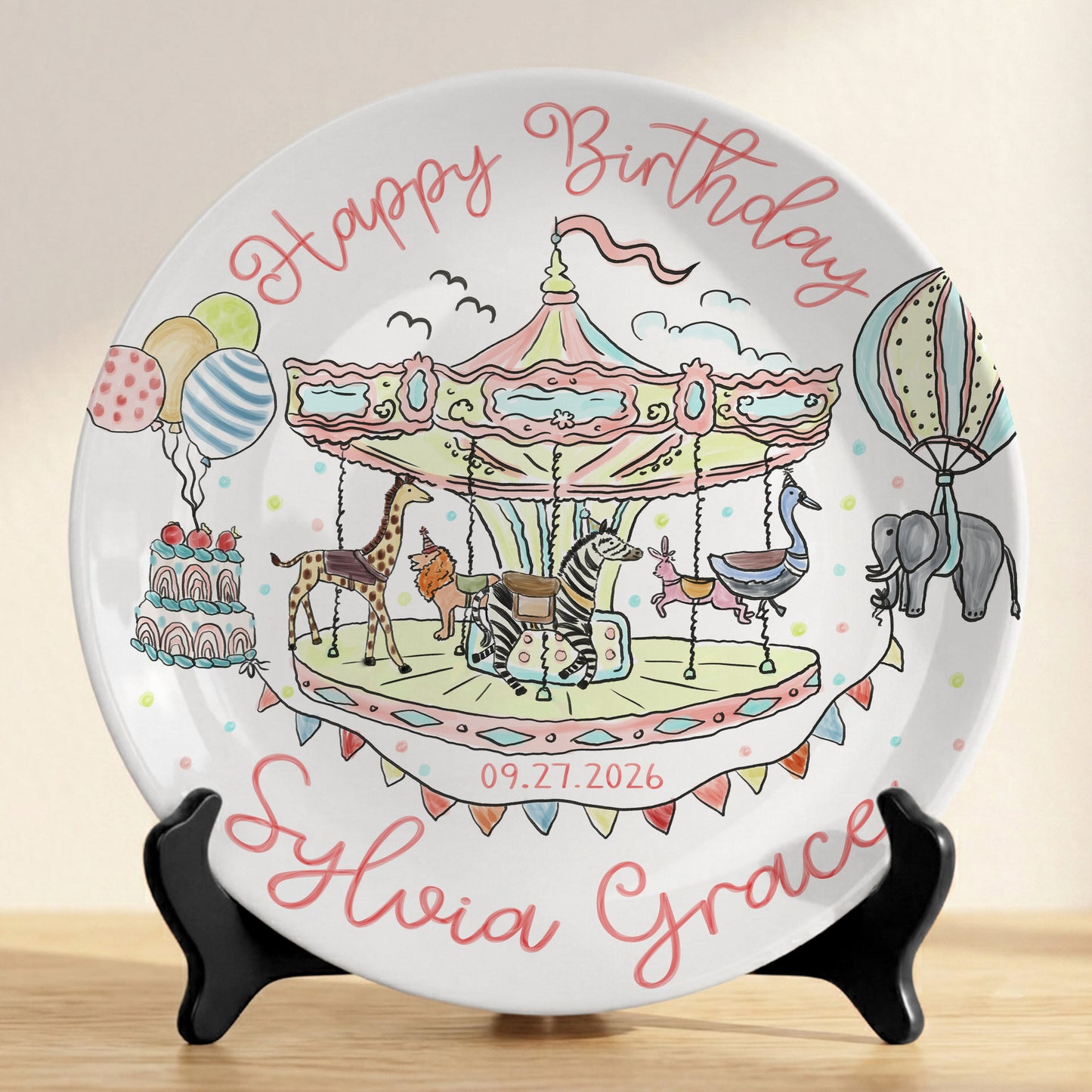 Carousel Animal Personalized Birthday Plate for Kids Custom Ceramic Keepsake P810QSG0