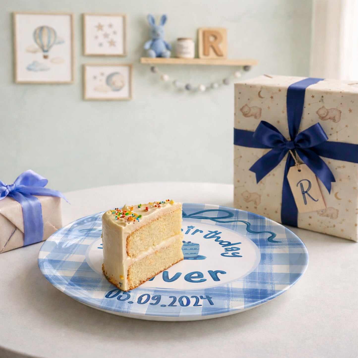 Blue Gingham Bow Personalized Birthday Plate P41V3P0