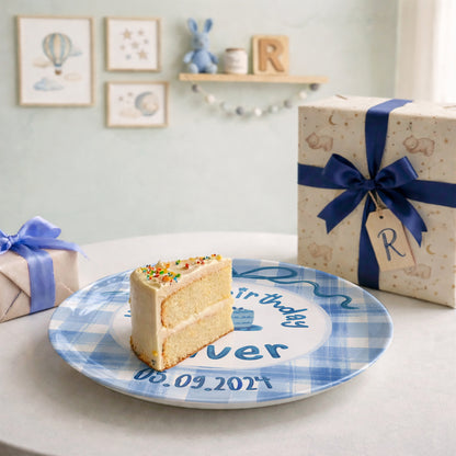 Blue Gingham Bow Personalized Birthday Plate P41V3P0