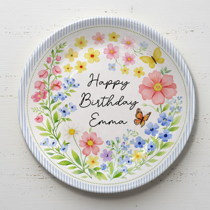 Blue Stripe Wildflower Personalized Birthday Plate P226BYE0