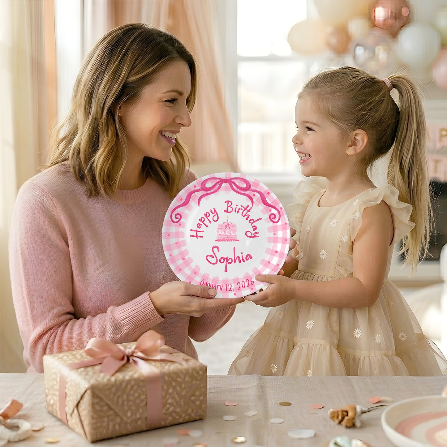 Pink Bow and Pink Gingham Birthday Cake Personalized Birthday Plate P5220BP0