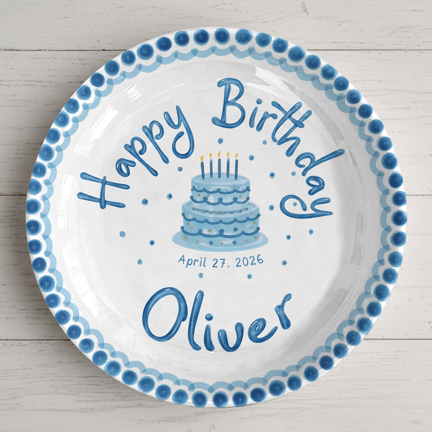 Blue Dotted Border and Cake Personalized Birthday Plate P32WRE0