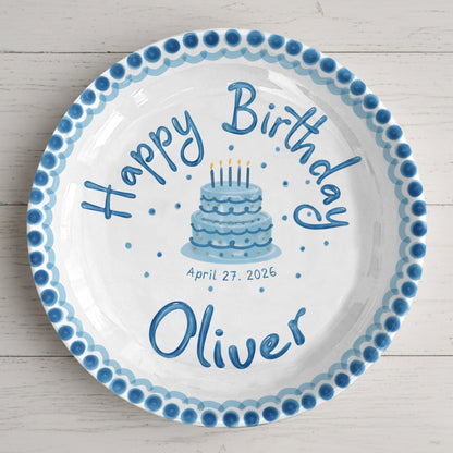 Blue Dotted Border and Cake Personalized Birthday Plate P32WRE0