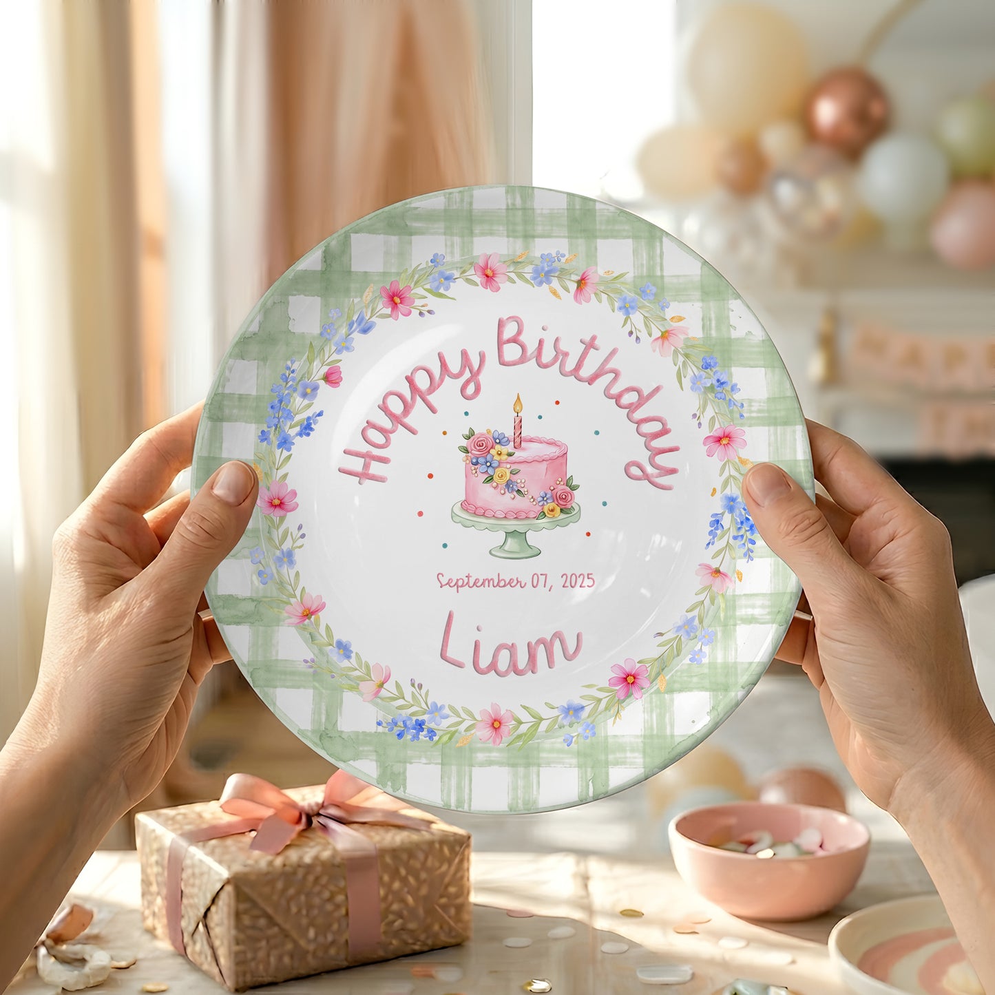 Sage Green Floral Cake Personalized Birthday Plate P331MYL0