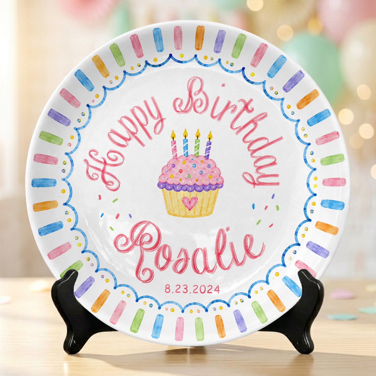 Colorful Cupcake Personalized Birthday Plate for Kids First Birthday Gift P814R8W0