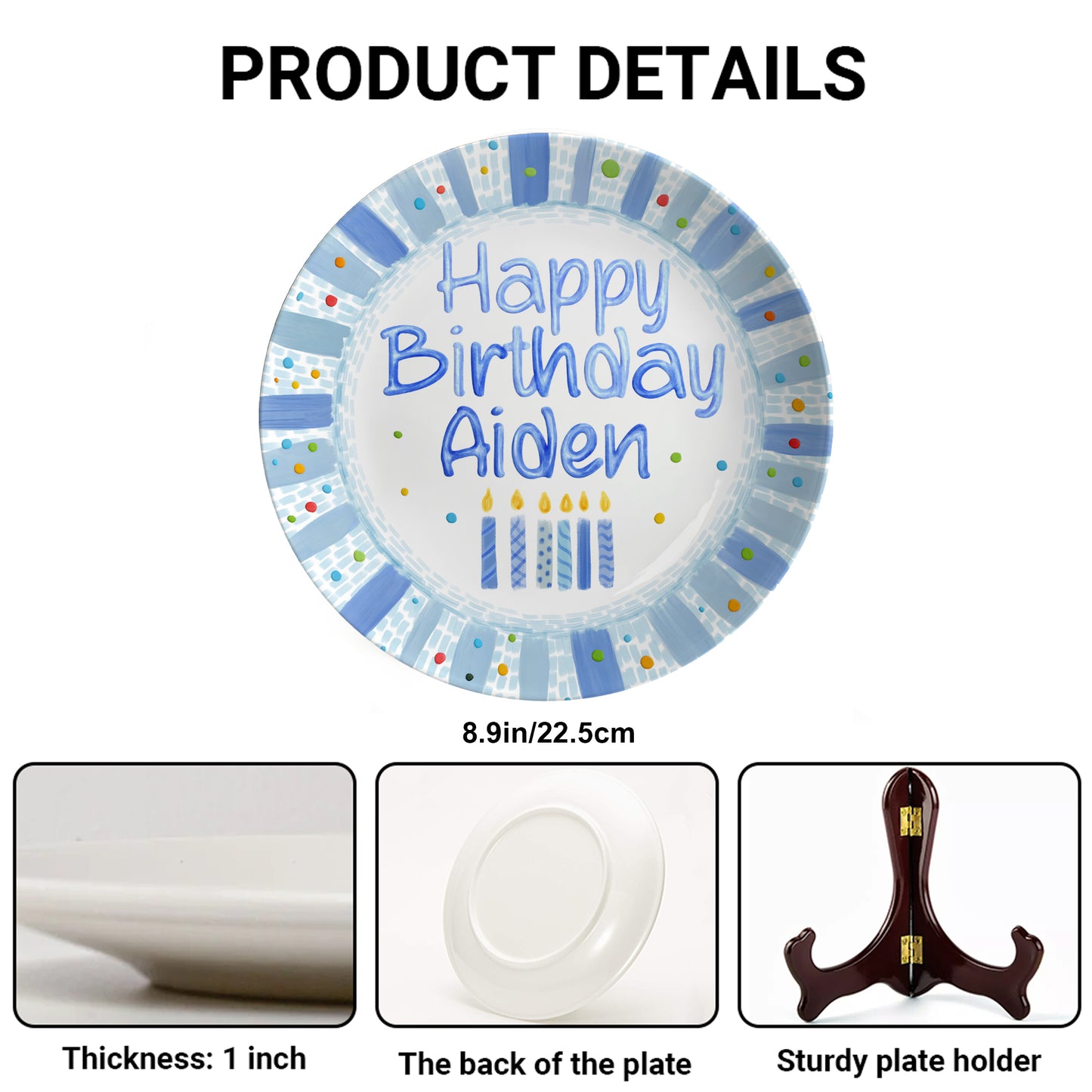 Blue Candles and Confetti Border Personalized Birthday Plate P274NR0
